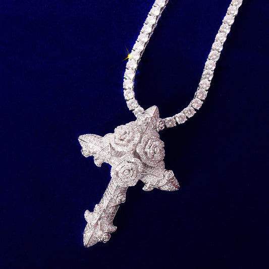 Silver Diamond Flower Cross Pendant