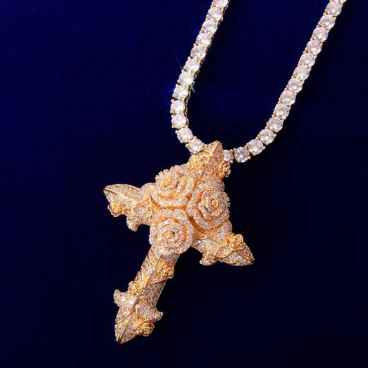 Gold Diamond Flower Cross Pendant